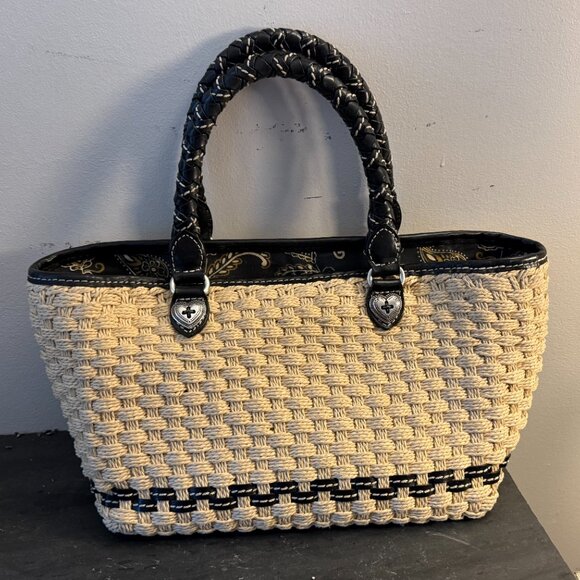 Brighton natural woven bag with black leather twisted handles. - Picture 8 of 15